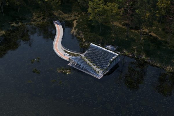 terraced stone and glass platforms shape shuai zhang’s sculptural amphitheater in canada